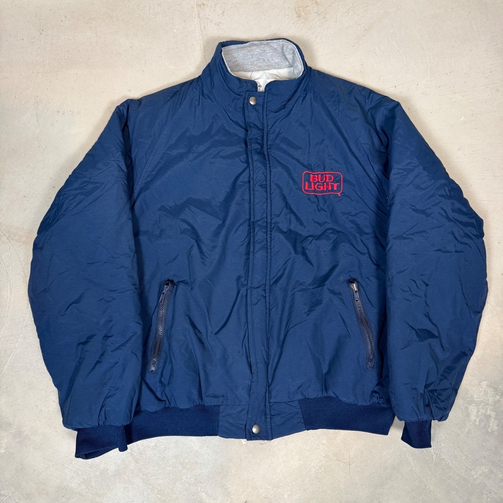 Vintage 80s 90s Bud Light Navy Blue Bomber Jacket USA Quilted Puffer Mens XL